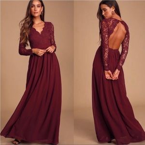 Lulus Awaken My Love Burgundy Long Sleeve Lace Maxi Dress medium